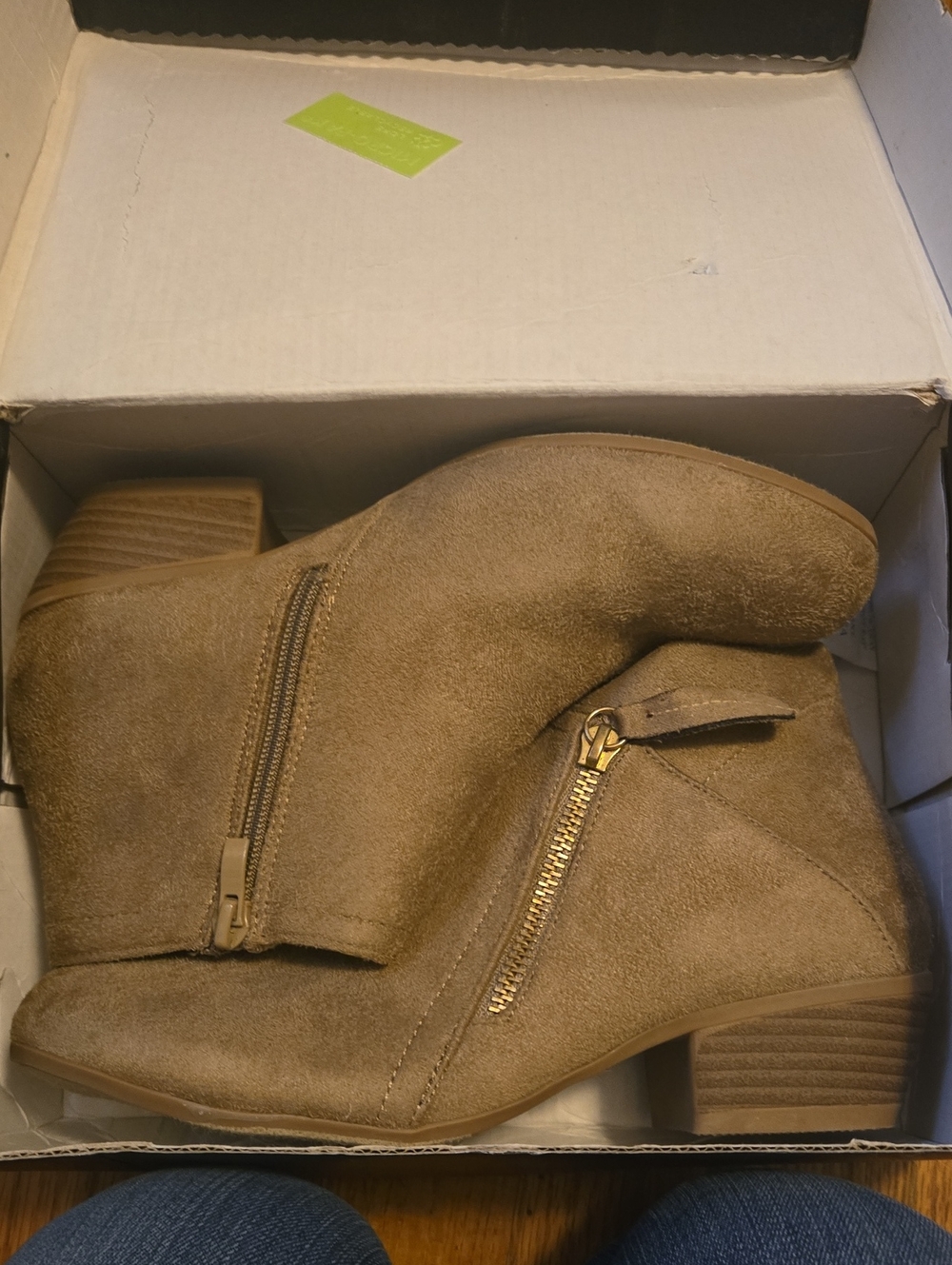 Windsor Tan Suede Ankle Booties with Gold Zipper